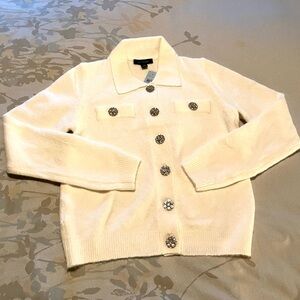 Ann Taylor Embellished Collared Cardigan - Winter White